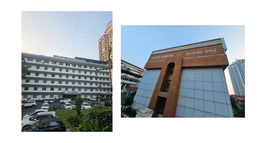 Real roadside images of SCS Hospital and Colaco Hospital located near Kadri-Mallikatte region.