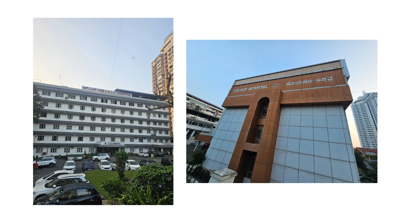 Real roadside images of SCS Hospital and Colaco Hospital located near Kadri-Mallikatte region.