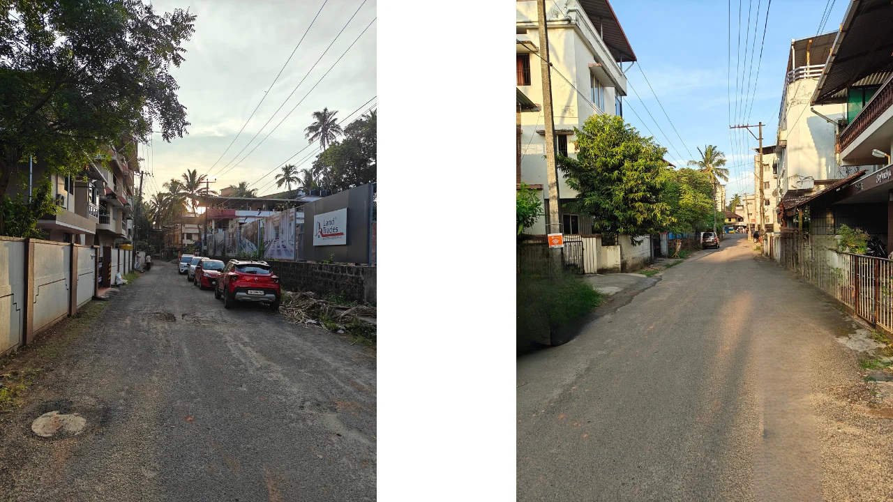 Real road image directly in front of the Land Traders Mahalaxmi Project construction site showing residential surroundings and access route.