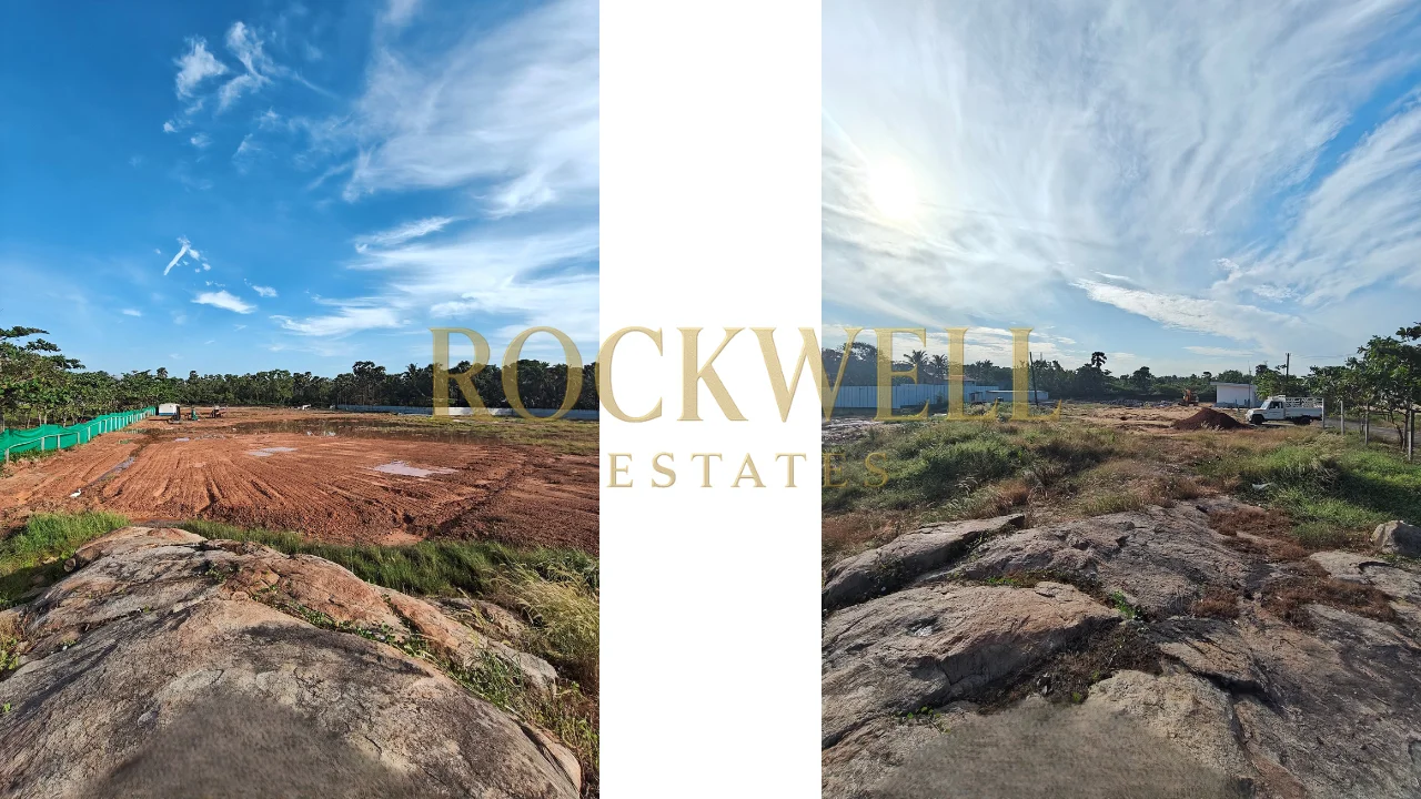 Real site photo of Rohan Marina One project land showing construction progress, earthwork development, open space and natural surroundings.