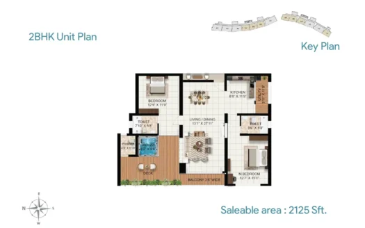 2BHK apartment floor plan layout for Rohan Marina One in Mangalore showing room dimensions, balcony space, kitchen, living area and saleable area of 2125 sq.ft