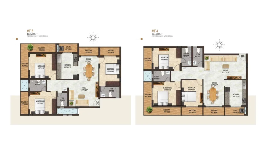 Land Trades Laxmi Govind Floor Plan F5 and F4 – 3BHK apartments 1626 sq ft and 1744 sq ft, layout with multiple balconies, dining and living rooms.