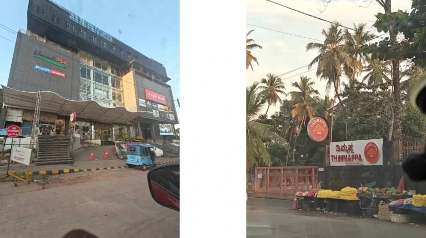 Real photograph of Big Bazar Mangalore and Thimmappa Hotel located close to the residential projects Rohan Sea View, Rohan Marina One, Land Trades Laxmi Govind, and Mahalaxmi in Mangalore.