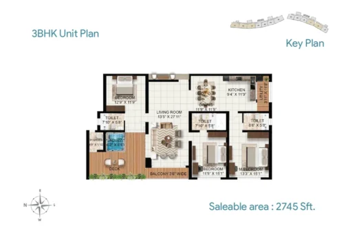 3BHK apartment floor plan layout for Rohan Marina One, Mangalore showing room dimensions, balcony area and 2745 sq.ft saleable space
