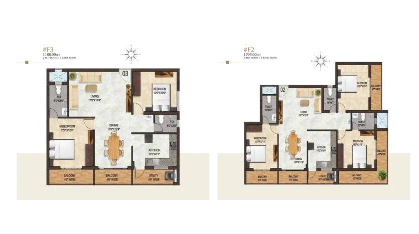 Laxmi Govind Floor Plan F3 2BHK 1188 sq ft and F2 3BHK 1705 sq ft, detailed layout with bedrooms, toilets, kitchen, dining area and balconies.