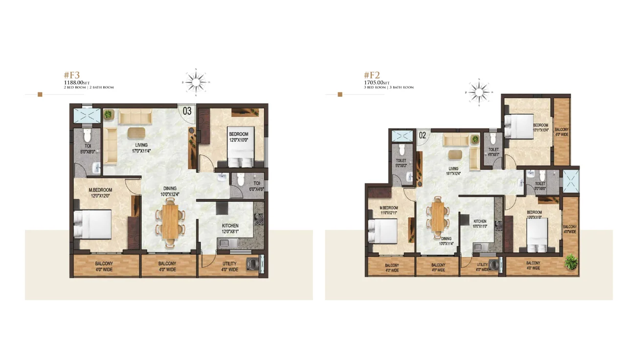Laxmi Govind Floor Plan F3 2BHK 1188 sq ft and F2 3BHK 1705 sq ft, detailed layout with bedrooms, toilets, kitchen, dining area and balconies.