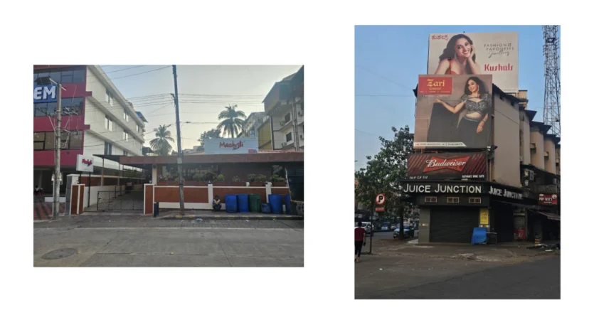 Real street-side view of Hotel Machali restaurant and Juice Junction outlet located near major residential projects in Mangalore.