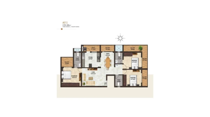 Land Trades Laxmi Govind Floor Plan F1 – 3BHK 1701 sq ft with three bedrooms, multiple balconies, dining, living and kitchen layout.