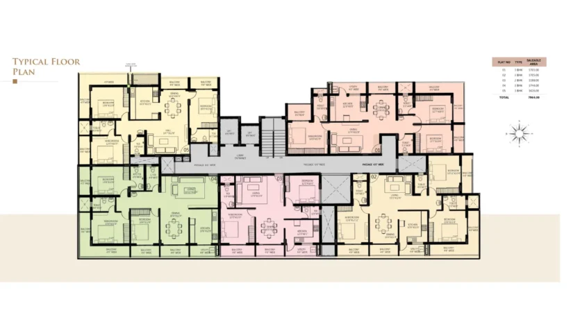 Land Trades Laxmi Govind Typical Floor Plan showing all flat arrangements (01–05 units) across the floor, lobby, corridor, lifts and stair placement.