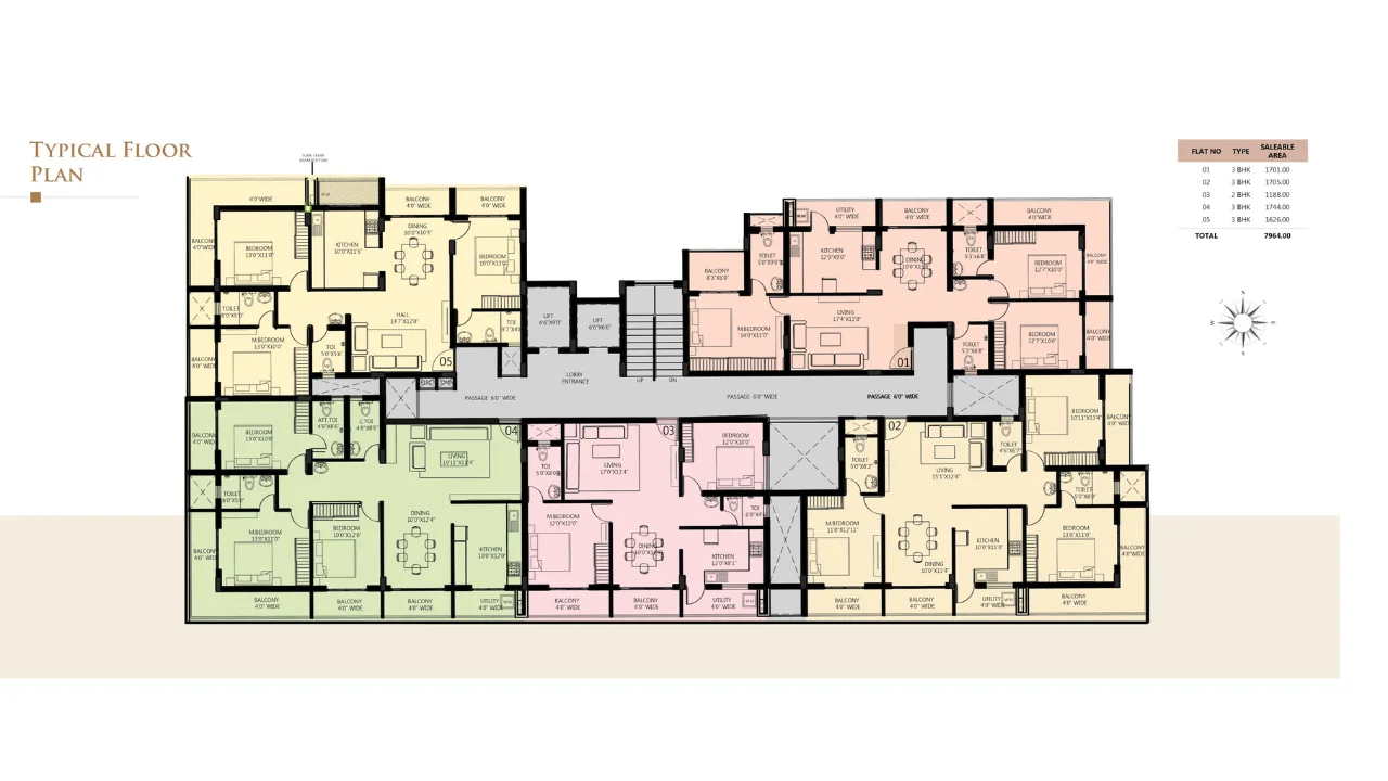 Land Trades Laxmi Govind Typical Floor Plan showing all flat arrangements (01–05 units) across the floor, lobby, corridor, lifts and stair placement.