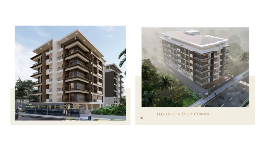 Land Trades Laxmi Govind project 3D elevation view showing the completed building design with modern architecture, wide balconies, entrance gate, and landscaped surroundings.