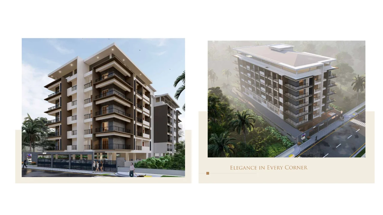 Land Trades Laxmi Govind project 3D elevation view showing the completed building design with modern architecture, wide balconies, entrance gate, and landscaped surroundings.