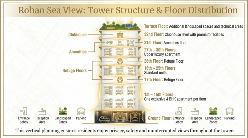 Rohan Sea View Tower Structure and Floor Distribution diagram showing floor allocation from ground level to terrace, including clubhouse, amenities floors, refuge floors and whole-floor 4 BHK apartments.