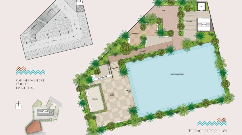 Terrace floor plan and car parking block plan of Land Trades Mahalaxmi showcasing amenities like gym, yoga deck, pergola, multipurpose court and pavilion.