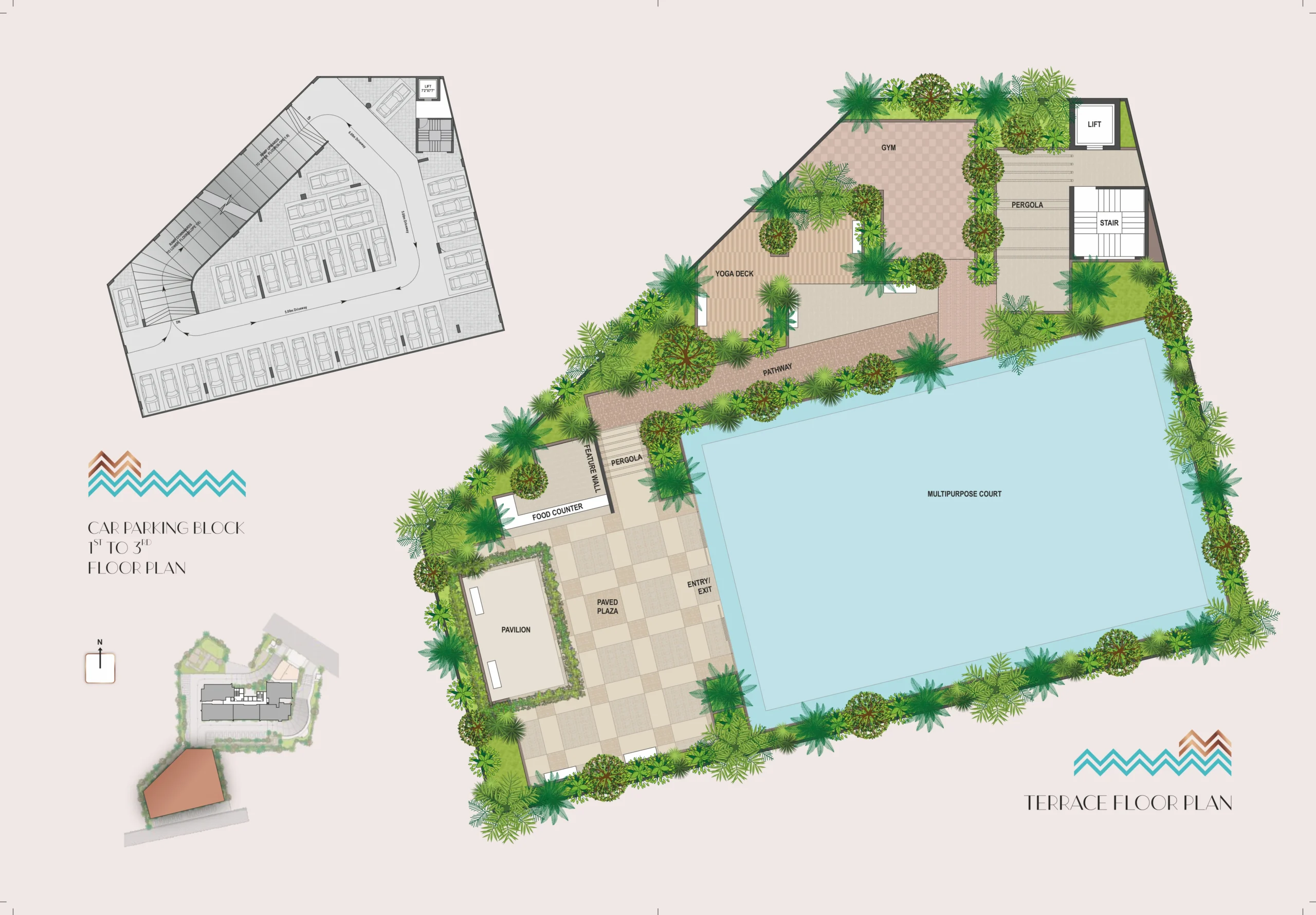 Terrace floor plan and car parking block plan of Land Trades Mahalaxmi showcasing amenities like gym, yoga deck, pergola, multipurpose court and pavilion.