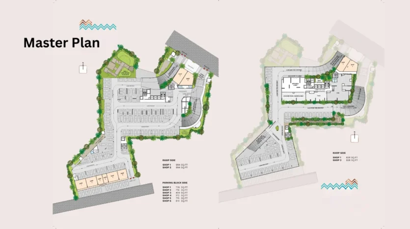 Master Plan of Land Trades Mahalaxmi project showing parking layout, commercial shop areas and internal circulation planning.