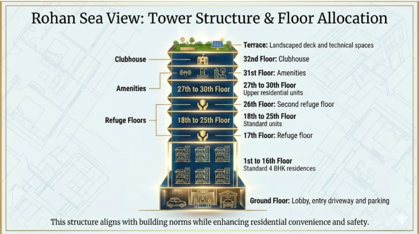 Rohan Sea View Tower Structure and Floor Allocation diagram showing clubhouse, amenities, standard 4 BHK floors and refuge floors.