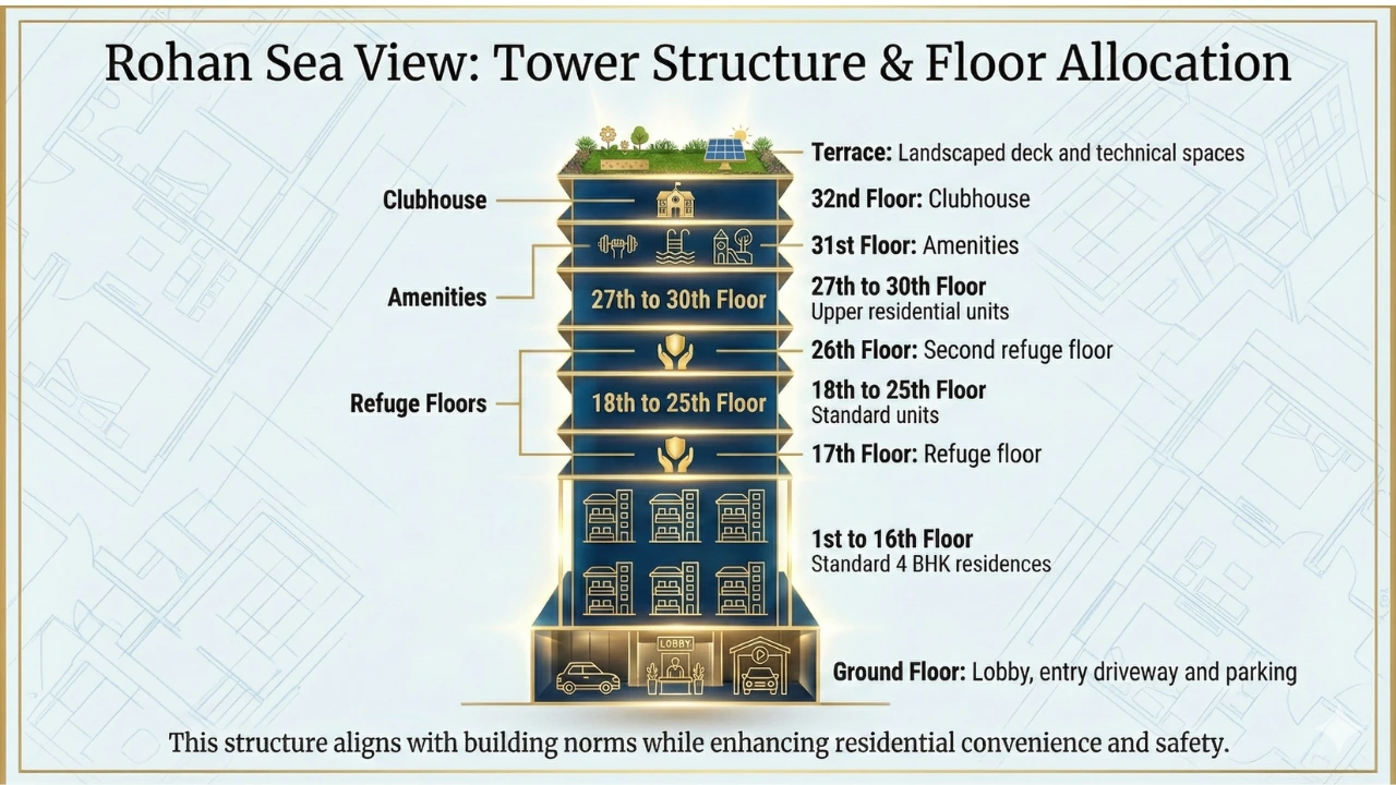 Rohan Sea View Tower Structure and Floor Allocation diagram showing clubhouse, amenities, standard 4 BHK floors and refuge floors.