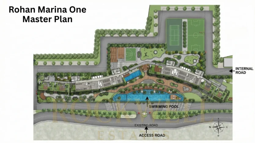 Master plan layout of Rohan Marina One showcasing residential towers, landscaped gardens, swimming pool, deck areas, sports courts, children’s play zones, internal road, access road, and overall site planning.