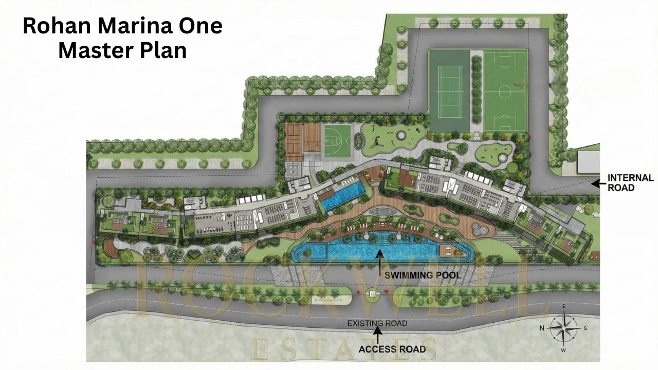 Master plan layout of Rohan Marina One showcasing residential towers, landscaped gardens, swimming pool, deck areas, sports courts, children’s play zones, internal road, access road, and overall site planning.