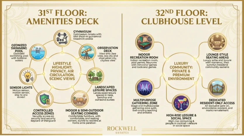 Rohan Sea View Amenities Deck and Clubhouse Layout showing 31st Floor amenities and 32nd Floor clubhouse features, including swimming pool, gymnasium, landscaped leisure spaces, multipurpose gathering rooms and exclusive resident-only access.