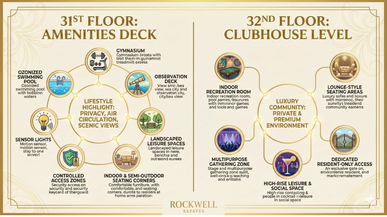 Rohan Sea View Amenities Deck and Clubhouse Layout showing 31st Floor amenities and 32nd Floor clubhouse features, including swimming pool, gymnasium, landscaped leisure spaces, multipurpose gathering rooms and exclusive resident-only access.