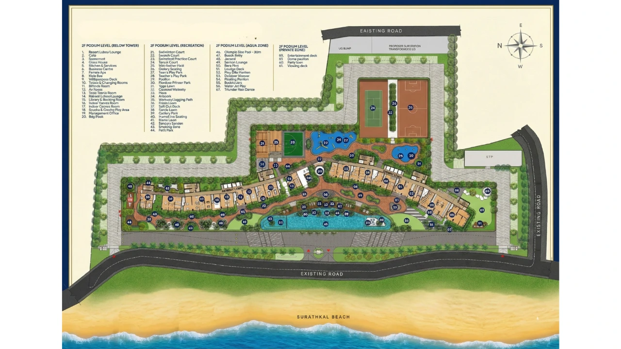 Rohan Marina One detailed master plan showing residential towers, amenity zones, landscaped podium levels, swimming pools, sports courts, internal and external roads, Surathkal Beach frontage, and numbered amenity index.