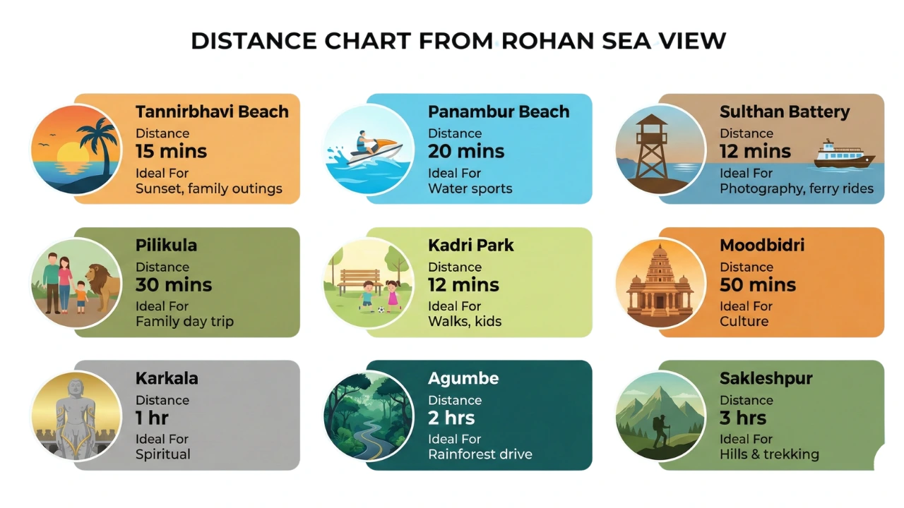 Distance chart from Rohan Sea View Mannagudda showing travel time to nearby tourist attractions like Tannirbhavi Beach, Panambur Beach, Sultan Battery, Pilikula, Kadri Park, Moodbidri, Karkala, Agumbe and Sakleshpur.