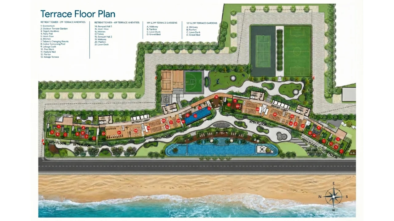 Terrace floor plan of Rohan Marina One showcasing terrace amenities, outdoor seating decks, landscaped rooftop zones, jogging pathway, recreation spaces, swimming pool viewing areas, and panoramic Surathkal Beach frontage.