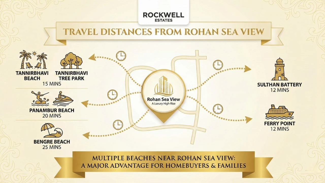 Rohan Sea View travel distance chart showing nearby beaches and attractions including Tannirbhavi Beach, Panambur Beach, Bengre Beach, Sultan Battery and Ferry Point with travel time estimates in minutes.