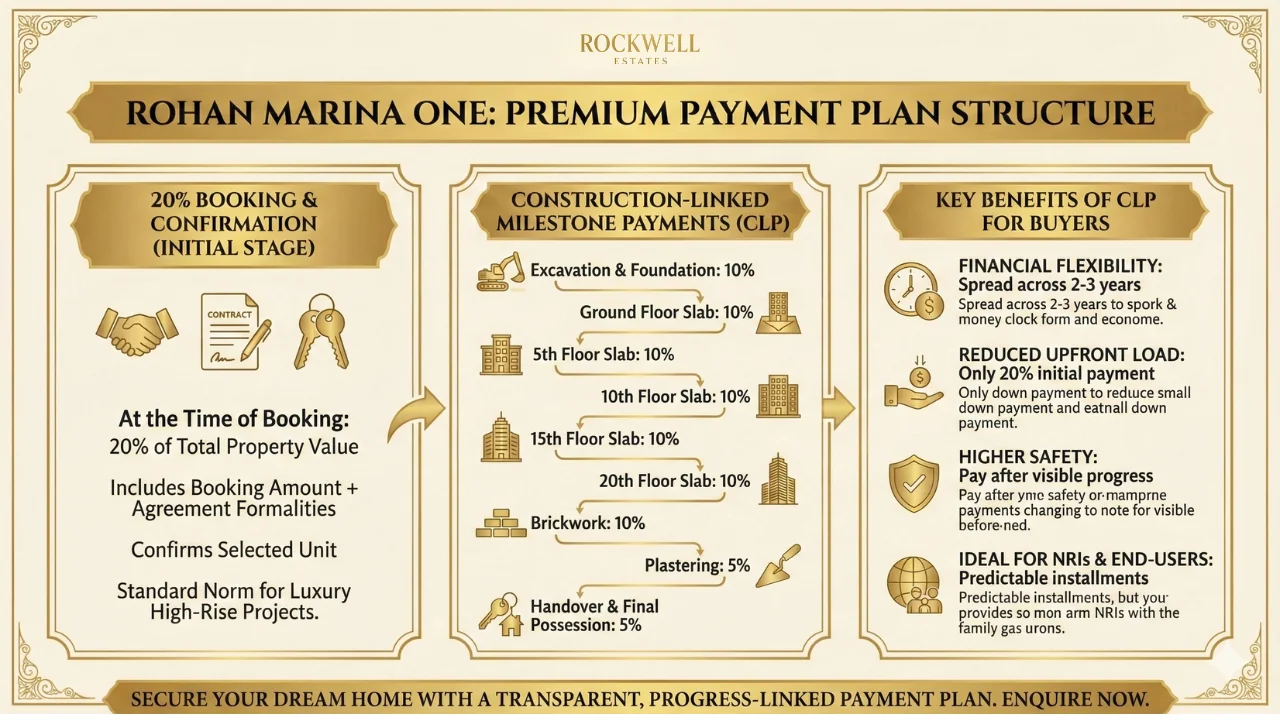 Rohan Marina One premium payment plan structure infographic showing booking amount details, progress-linked milestone payments and buyer benefits.