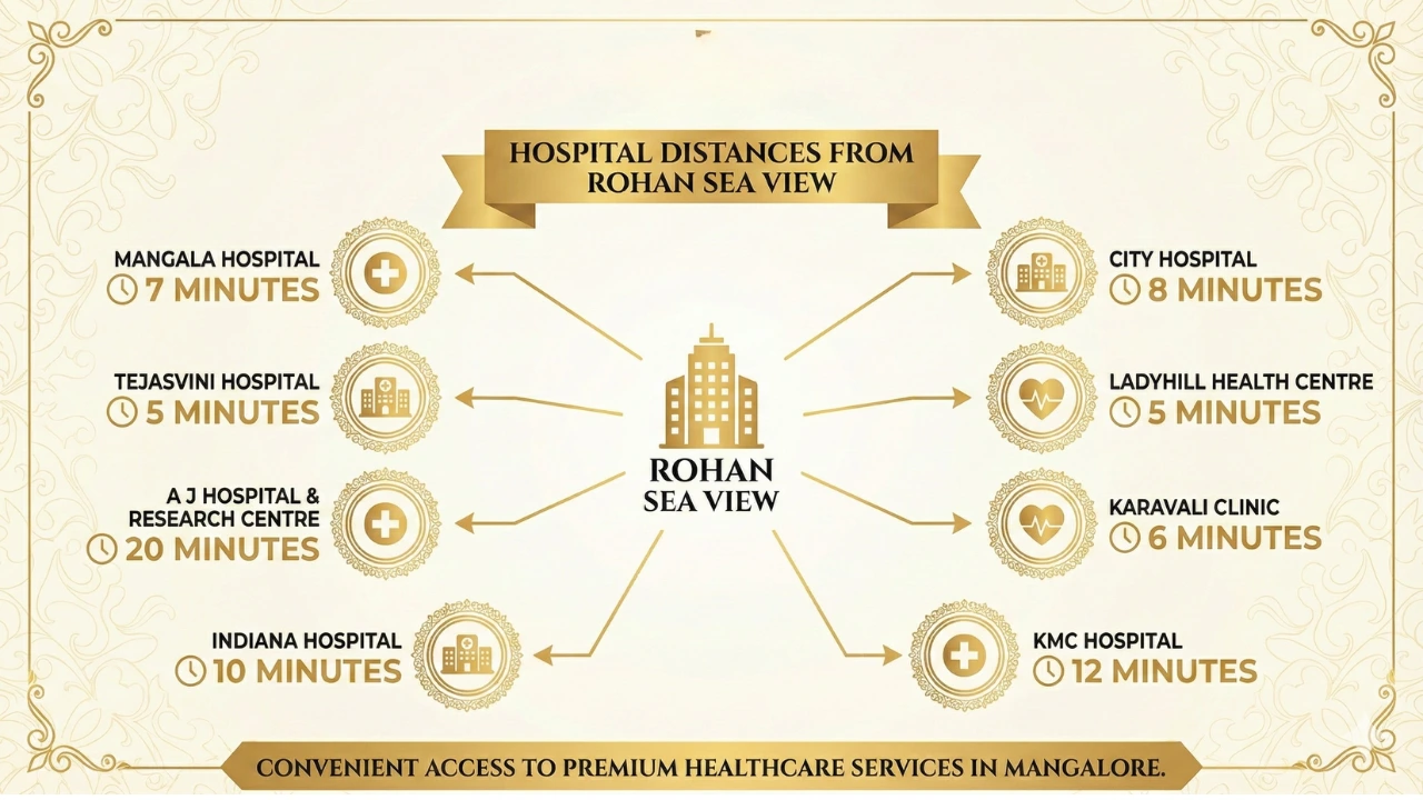 Hospital distance chart from Rohan Sea View Mannagudda Mangalore showing travel times to nearby healthcare facilities such as Mangala Hospital (7 minutes), Tejasvini Hospital (5 minutes), Indiana Hospital (10 minutes), AJ Hospital (20 minutes), City Hospital (8 minutes), Ladyhill Health Centre (5 minutes), Karavali Clinic (6 minutes) and KMC Hospital (12 minutes).
