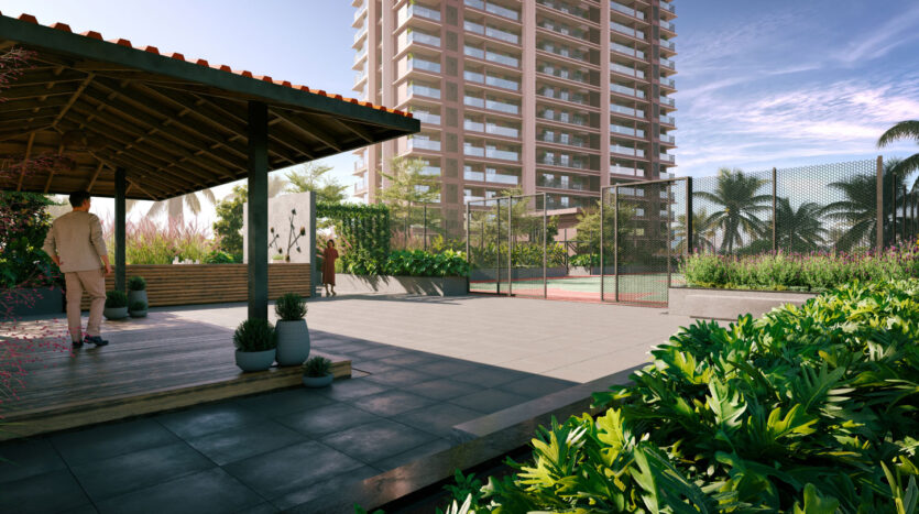 Outdoor sports court and landscaped recreation area at Land Trades Mahalaxmi residential project in Mangalore