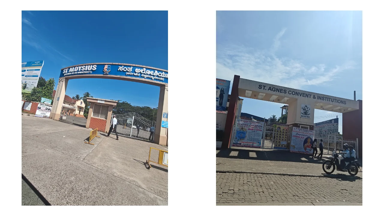 Real collage image showing the entrance of St Aloysius College and St Agnes Institutions located near the residential projects Rohan Sea View, Rohan Marina One, Land Trades Laxmi Govind and Mahalaxmi in Mangalore.