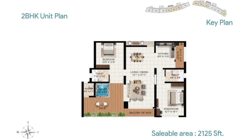 2BHK apartment floor plan at Rohan Marine One with 2125 sq ft saleable area featuring spacious living and dining room, two bedrooms, kitchen, balcony, deck with jacuzzi, powder room, and attached bathrooms.
