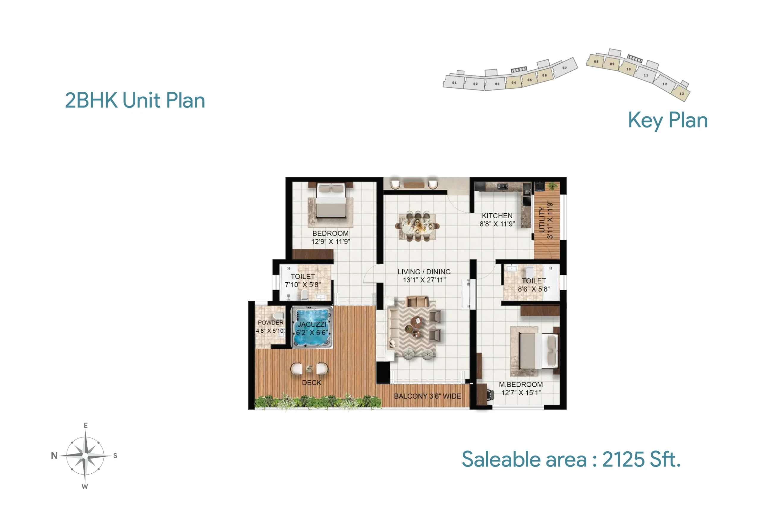 2BHK apartment floor plan at Rohan Marine One with 2125 sq ft saleable area featuring spacious living and dining room, two bedrooms, kitchen, balcony, deck with jacuzzi, powder room, and attached bathrooms.