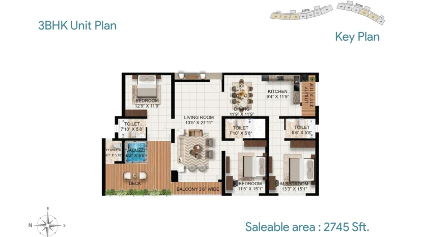 3BHK apartment layout at Rohan Marine One with 2745 sq ft saleable area including three bedrooms, living room, dining area, kitchen, balcony, jacuzzi deck, and multiple bathrooms.
