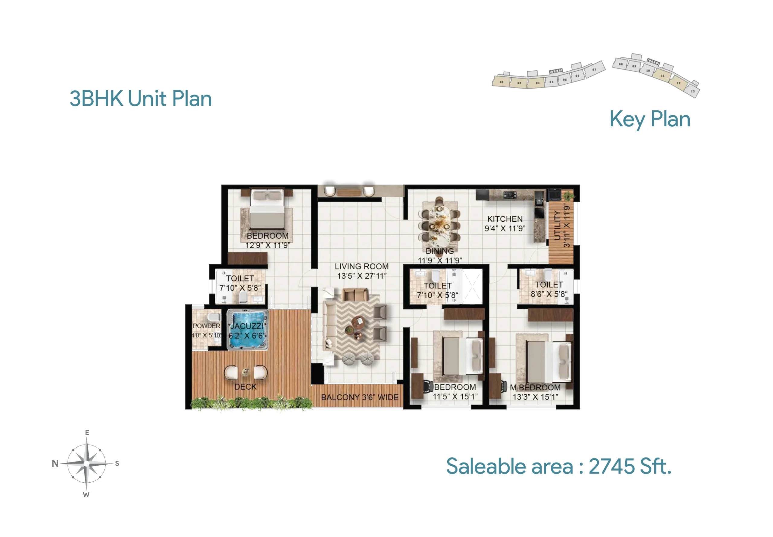 3BHK apartment layout at Rohan Marine One with 2745 sq ft saleable area including three bedrooms, living room, dining area, kitchen, balcony, jacuzzi deck, and multiple bathrooms.