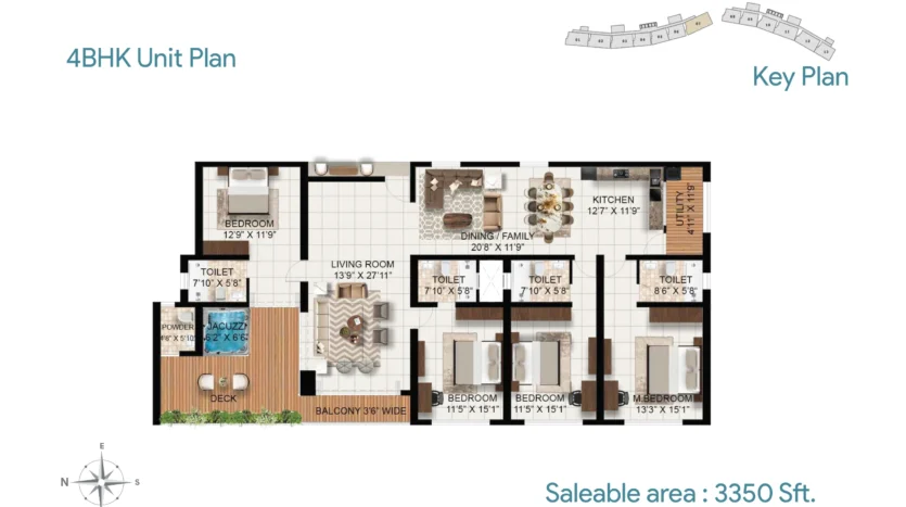 4BHK apartment floor plan at Rohan Marine One with 3350 sq ft saleable area including four bedrooms, spacious living room, dining and family rooms, kitchen, balcony, deck with jacuzzi, and multiple attached bathrooms.