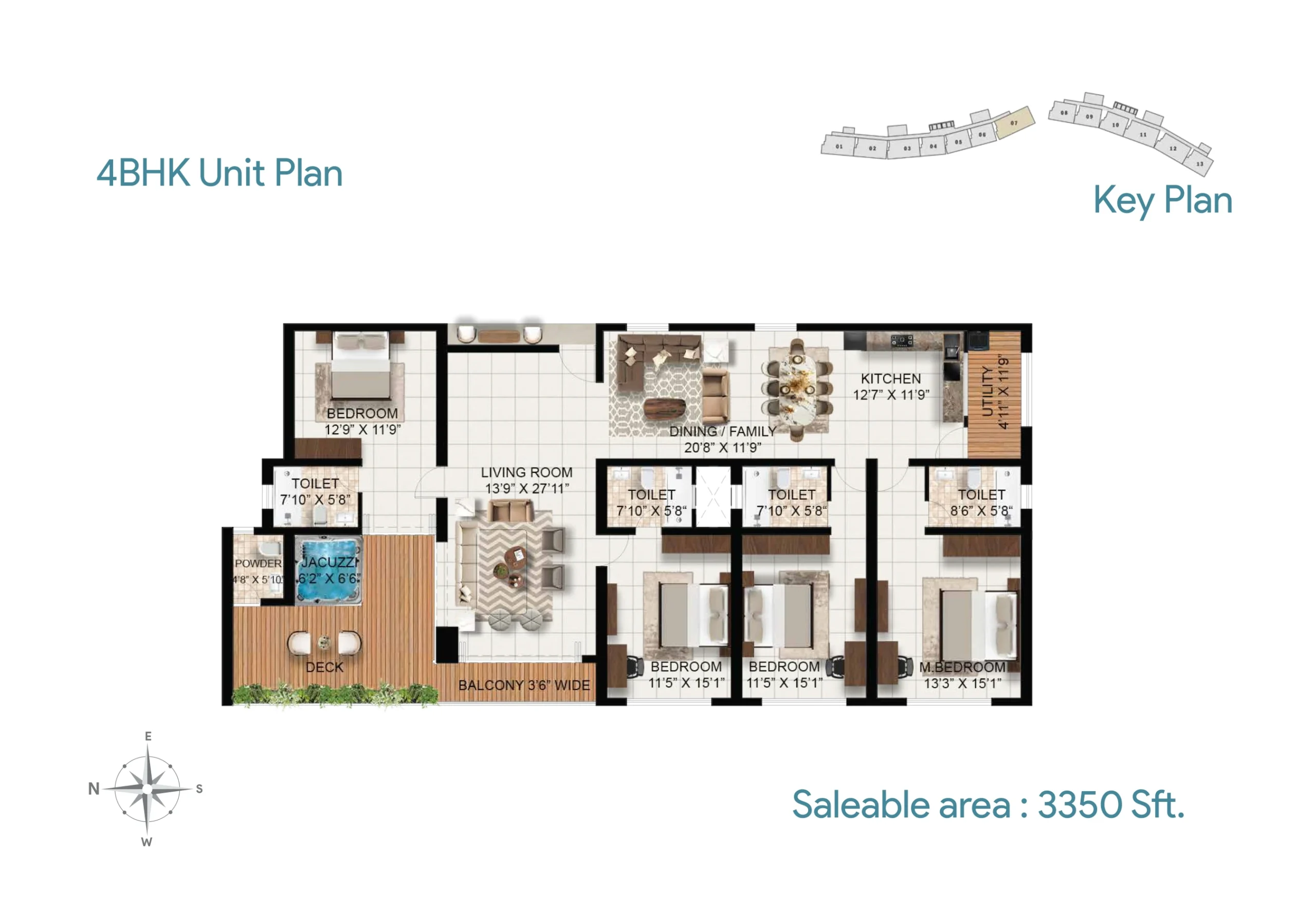 4BHK apartment floor plan at Rohan Marine One with 3350 sq ft saleable area including four bedrooms, spacious living room, dining and family rooms, kitchen, balcony, deck with jacuzzi, and multiple attached bathrooms.