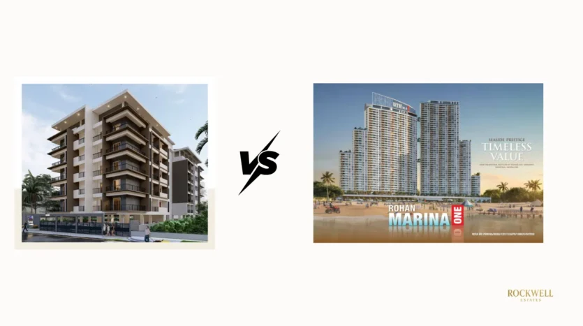 Rohan Marina One vs Laxmi Govind comparison featured image comparing luxury residential apartment projects in Mangalore including location, scale, pricing, amenities, and investment value