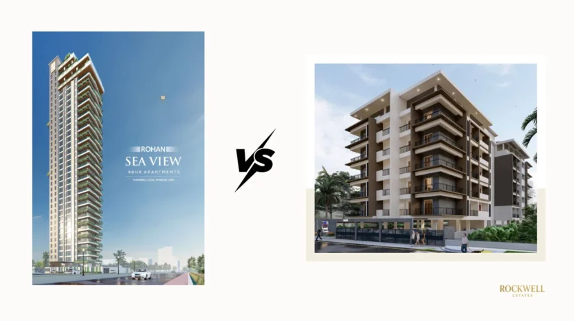 Rohan Sea View vs Laxmi Govind comparison featured image comparing luxury apartment projects in Mangalore including location, pricing, amenities, views, and investment potential