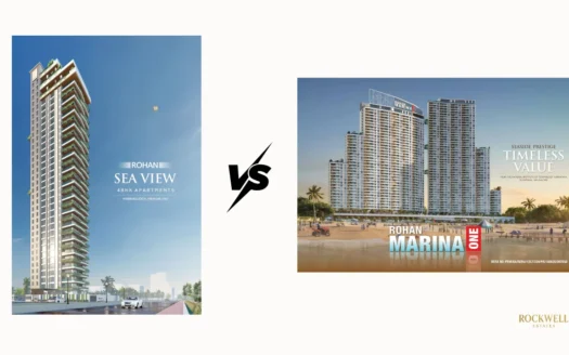 Rohan Marina One vs Rohan Sea View comparison image showing two luxury residential towers side by side