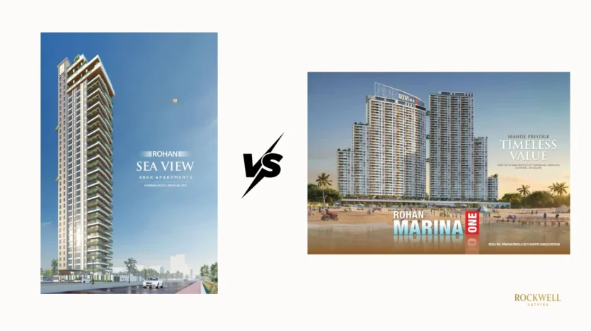 Rohan Marina One vs Rohan Sea View comparison image showing two luxury residential towers side by side