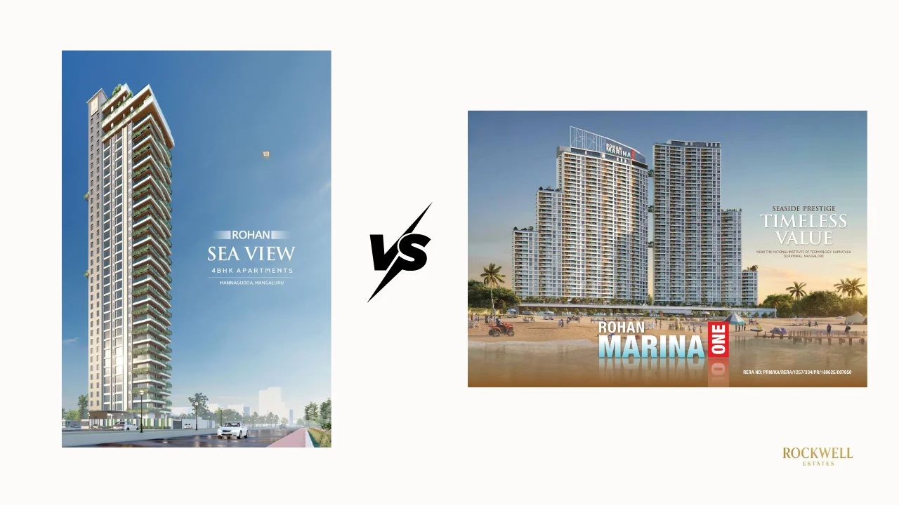 Rohan Marina One vs Rohan Sea View comparison image showing two luxury residential towers side by side