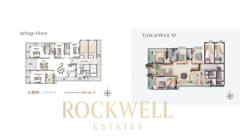 One Home Per Floor Rohan Sea View 4BHK Floor Plan featuring refuge floor layout and typical 3D design across 4153 sq ft luxury full-floor apartment configuration.