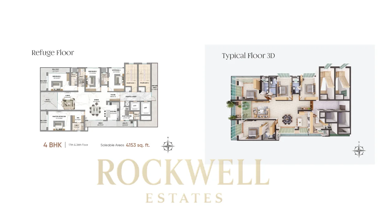 One Home Per Floor Rohan Sea View 4BHK Floor Plan featuring refuge floor layout and typical 3D design across 4153 sq ft luxury full-floor apartment configuration.