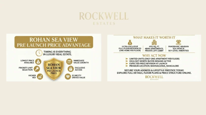 Rohan Sea View Pre Launch Price advantage infographic showing benefits such as lowest price, priority unit selection, higher ROI, exclusive access, and limited units for one home per floor luxury apartments.