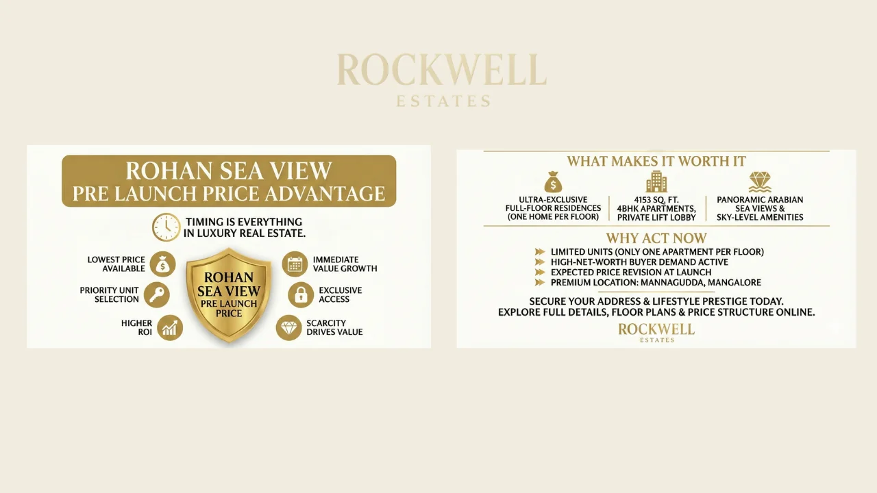 Rohan Sea View Pre Launch Price advantage infographic showing benefits such as lowest price, priority unit selection, higher ROI, exclusive access, and limited units for one home per floor luxury apartments.